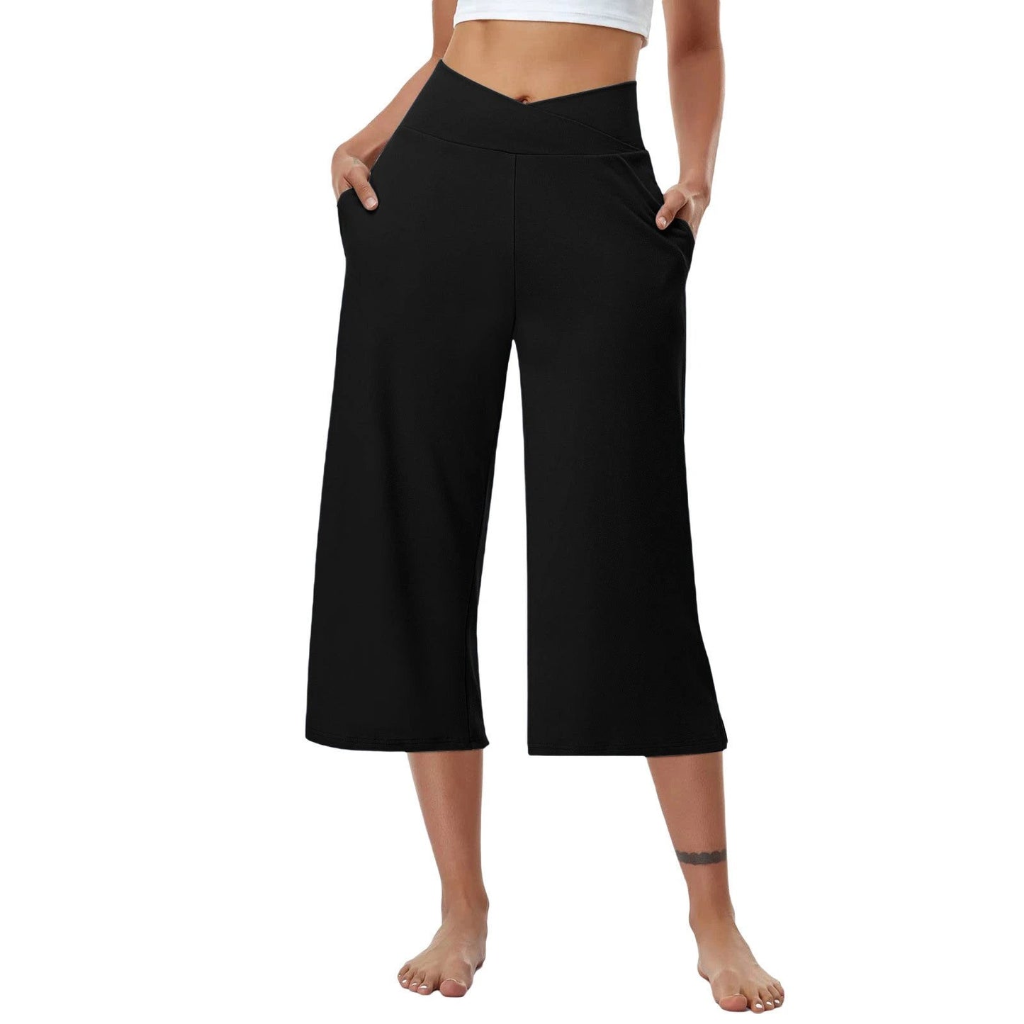 High-Waist Butt-Lifting V-Shaped Waist Wide-Leg Fitness Running Cropped Pants by GJG Denim