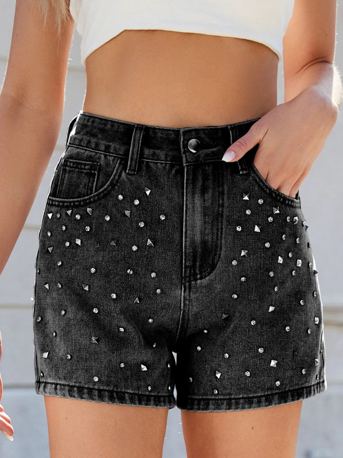 Rhinestone Washed High Waist Denim Shorts by Lady Ros
