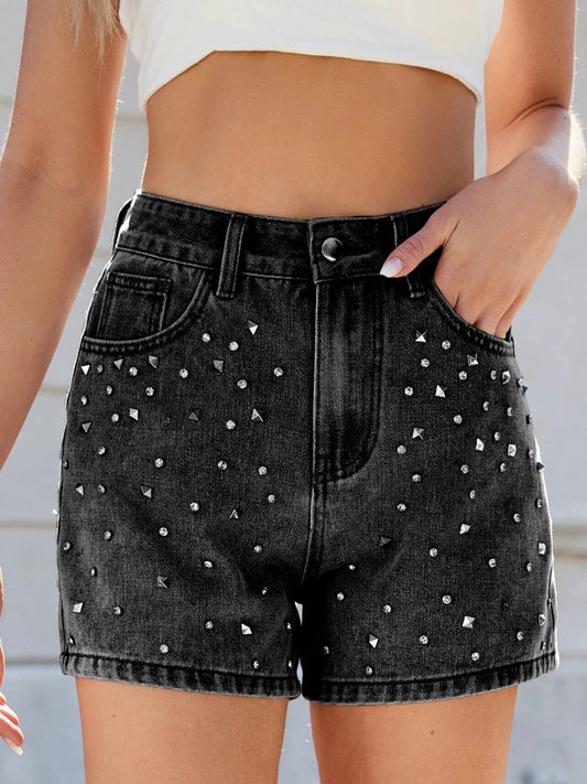 Rhinestone Washed High Waist Denim Shorts by Lady Ros