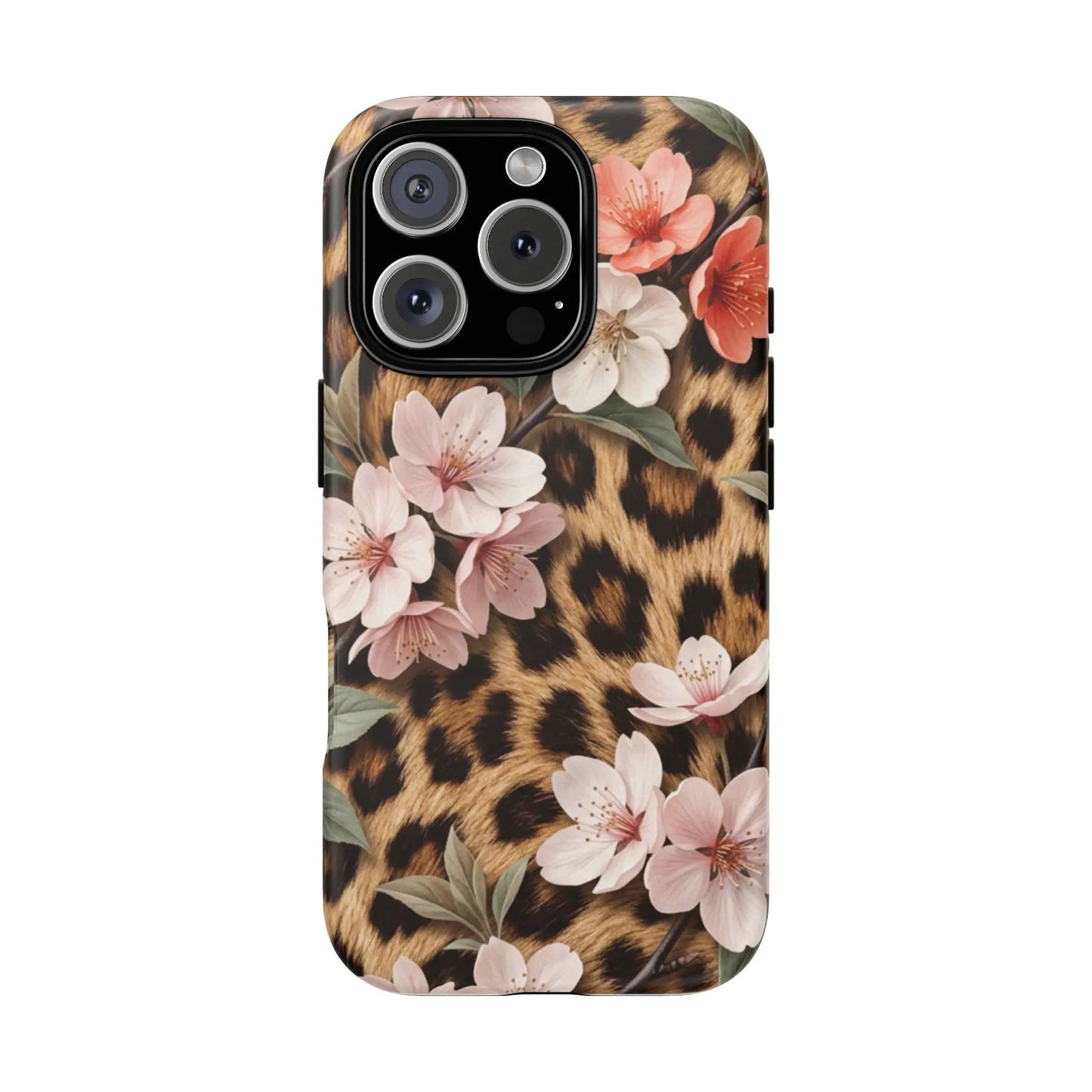 Leopard Floral Tough Case — Protective Phone Case with Pink Cherry Blossoms by Printify