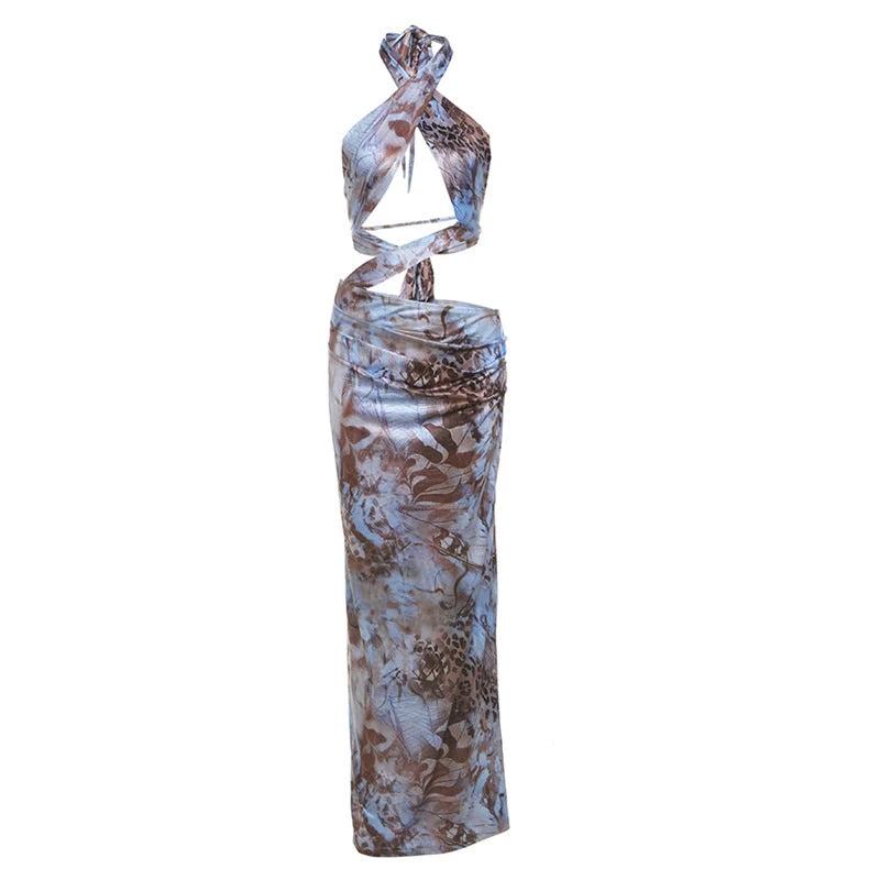 European And American Fashion Cool Slim Fit Halterneck Printed Hollow Sexy Sheath Dress by GJG Denim