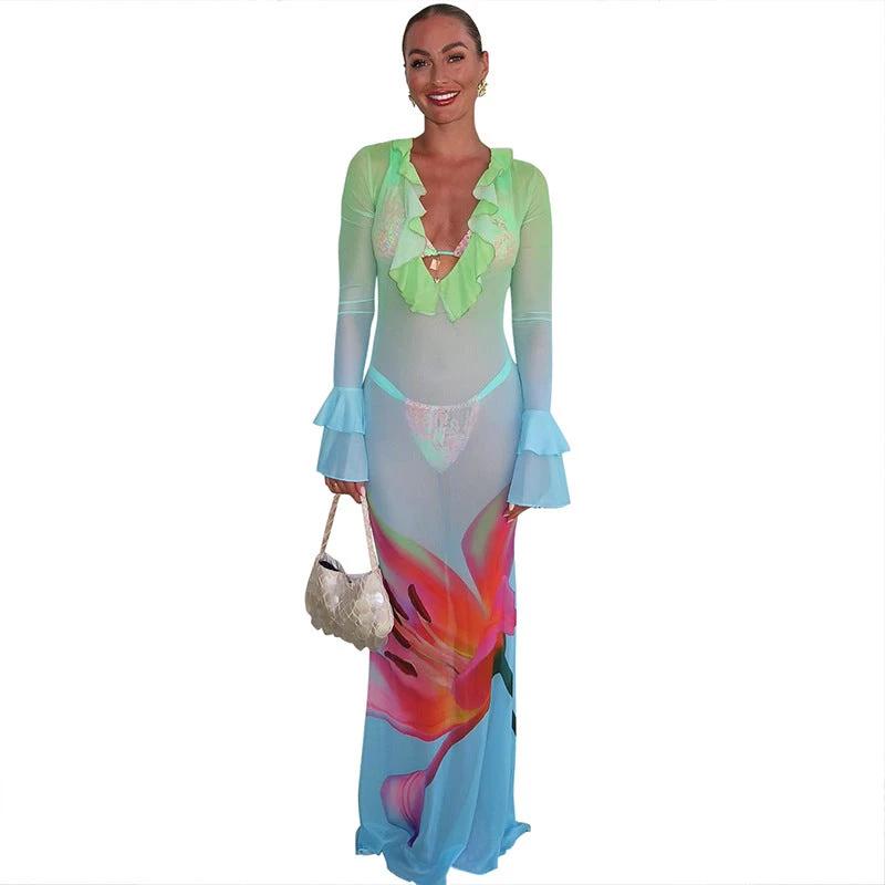 Printed Mesh Long Sleeve Ruffles Long Dress Women by GJG Denim