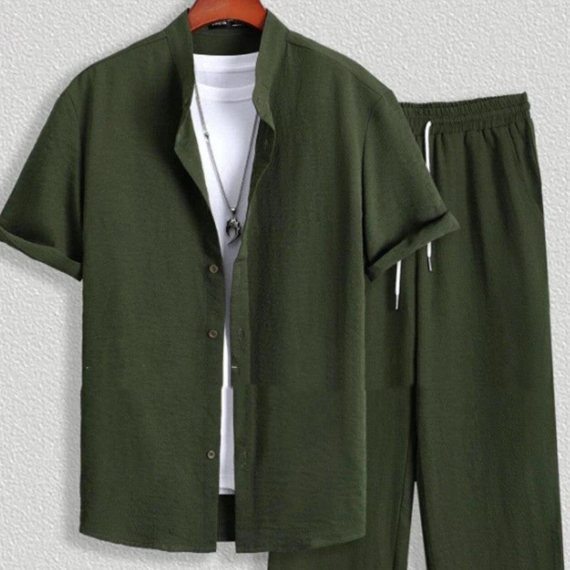 Men's Short Sleeve Stand Collar Shirt Pants Suit by GJG Denim