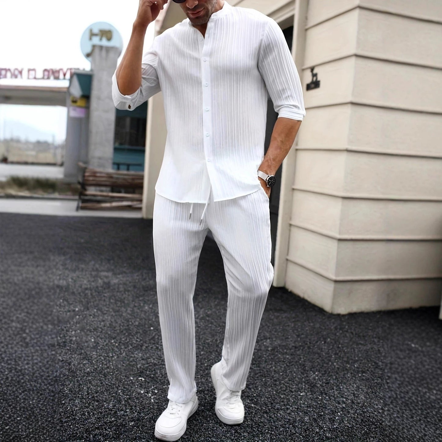 Men's Solid-Color Shirt And Pants Set by GJG Denim