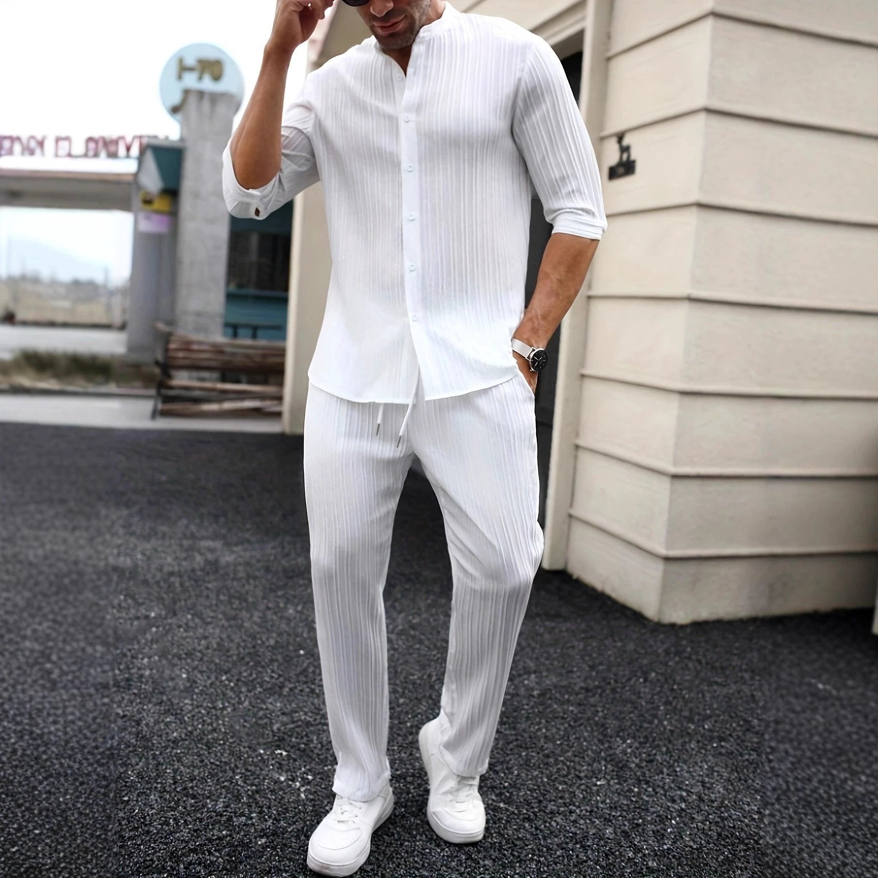 Men's Solid-Color Shirt And Pants Set by GJG Denim