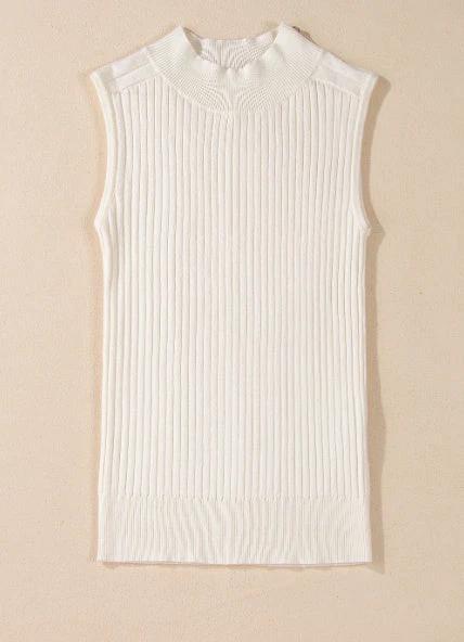 White Ribbed Knit High Neck Sweater Vest by GJG Denim