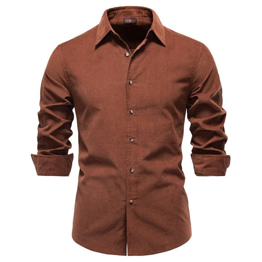 Men's Corduroy Pure Cotton Business Casual Long Sleeve Shirt by GJG Denim