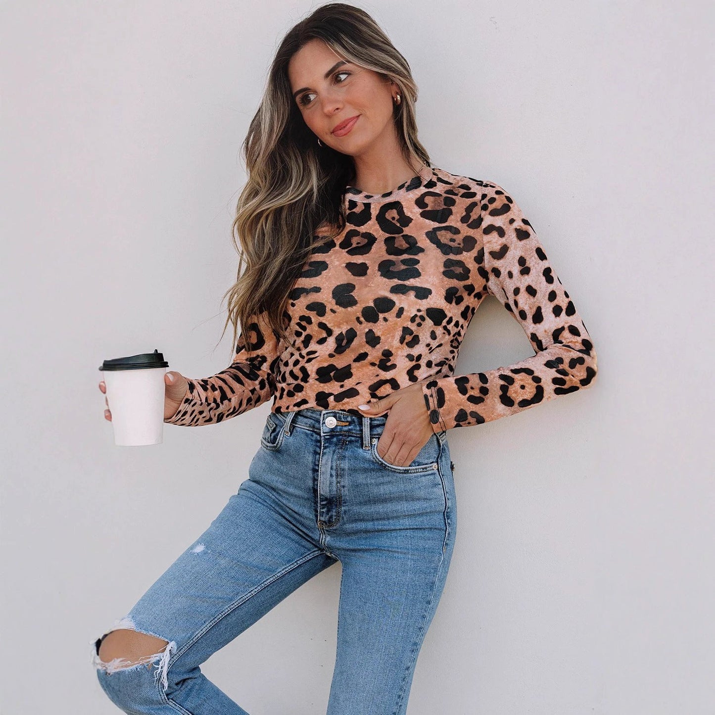 Leopard-print Long-sleeved Shirt Women's Slim Pullover Round Neck Sweater by GJG Denim