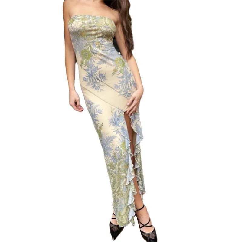 Printed Thigh Split Tube Top Dress by GJG Denim