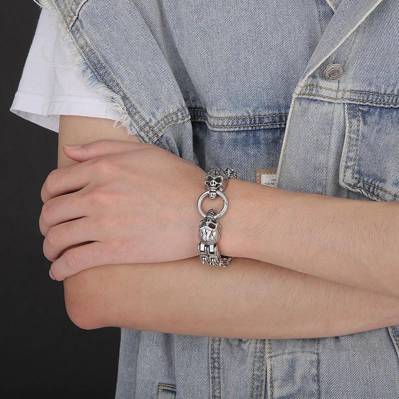 Chain-Patterned Skull Titanium Steel Mens Bracelet by GJG Denim