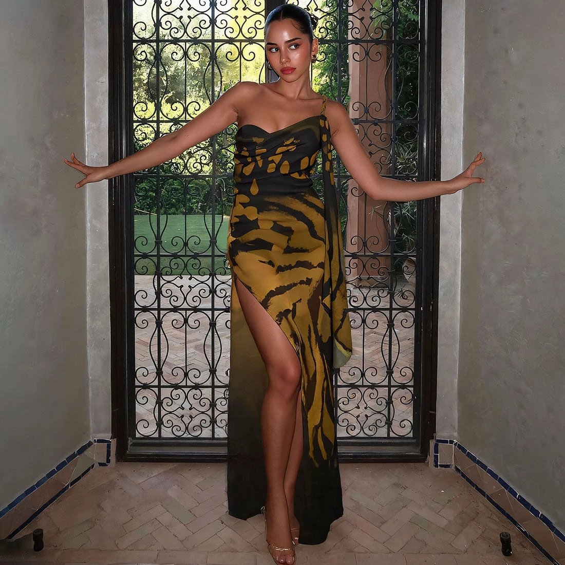 Elegant One Shoulder Printing Color Contrast Mesh Slim Fit Slimming Dress by GJG Denim
