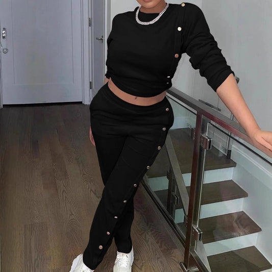 Stylish Casual Sweatshirt Set With Side Button Detailing by GJG Denim