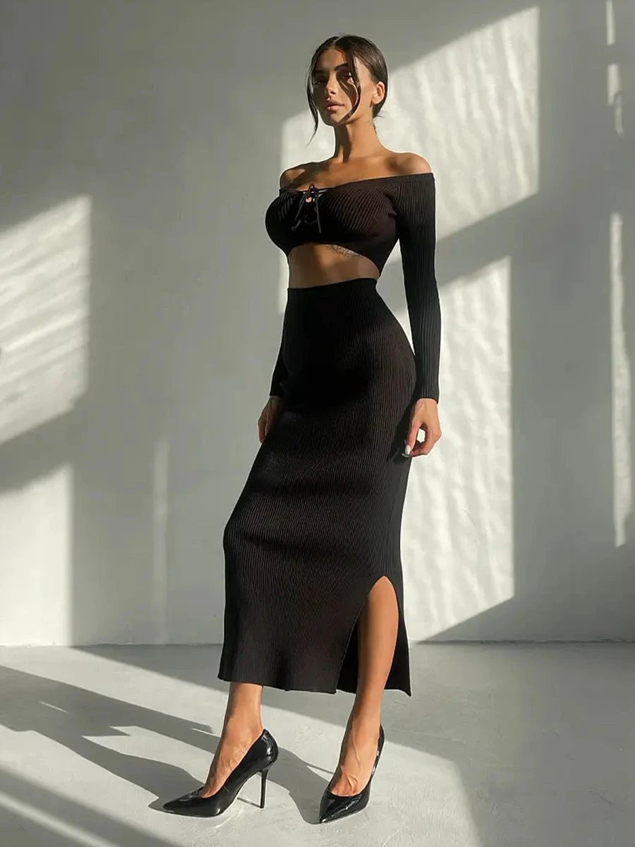 Autumn Winter Sexy Long Sleeve Sweater Dress Two-piece Set Skinny Knit by GJG Denim