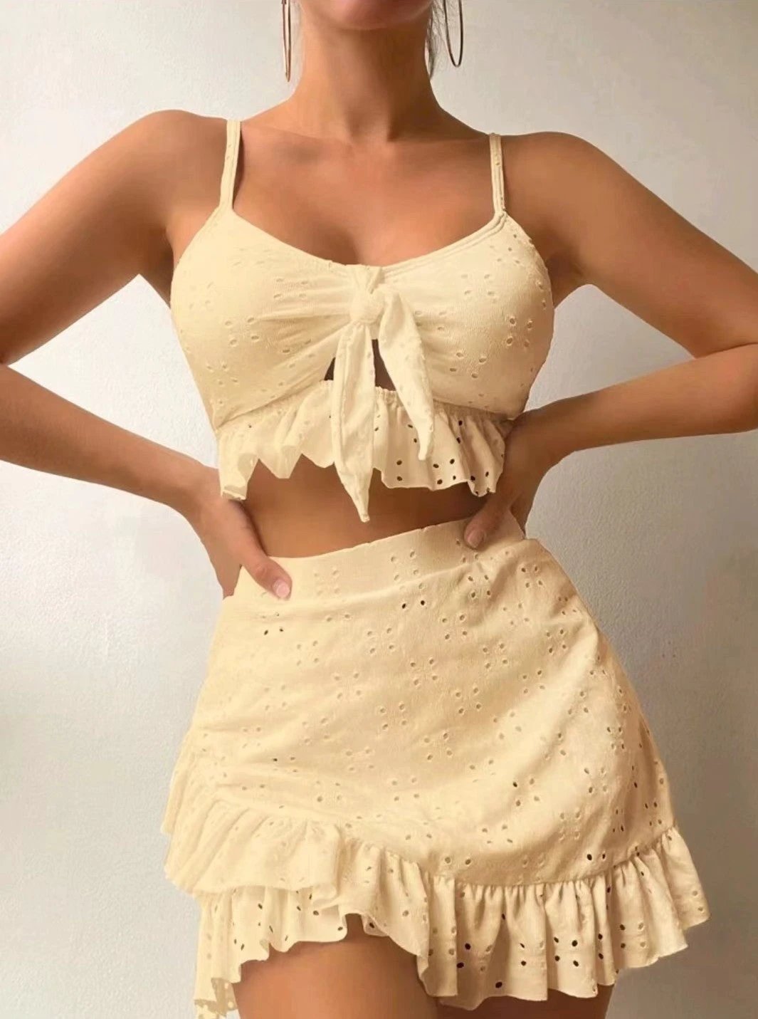 3pcs Beach Bikini With Hip-hugging Skirt Fashion Ruffle Design Swimsuit Set Summer Womens Clothing by GJG Denim