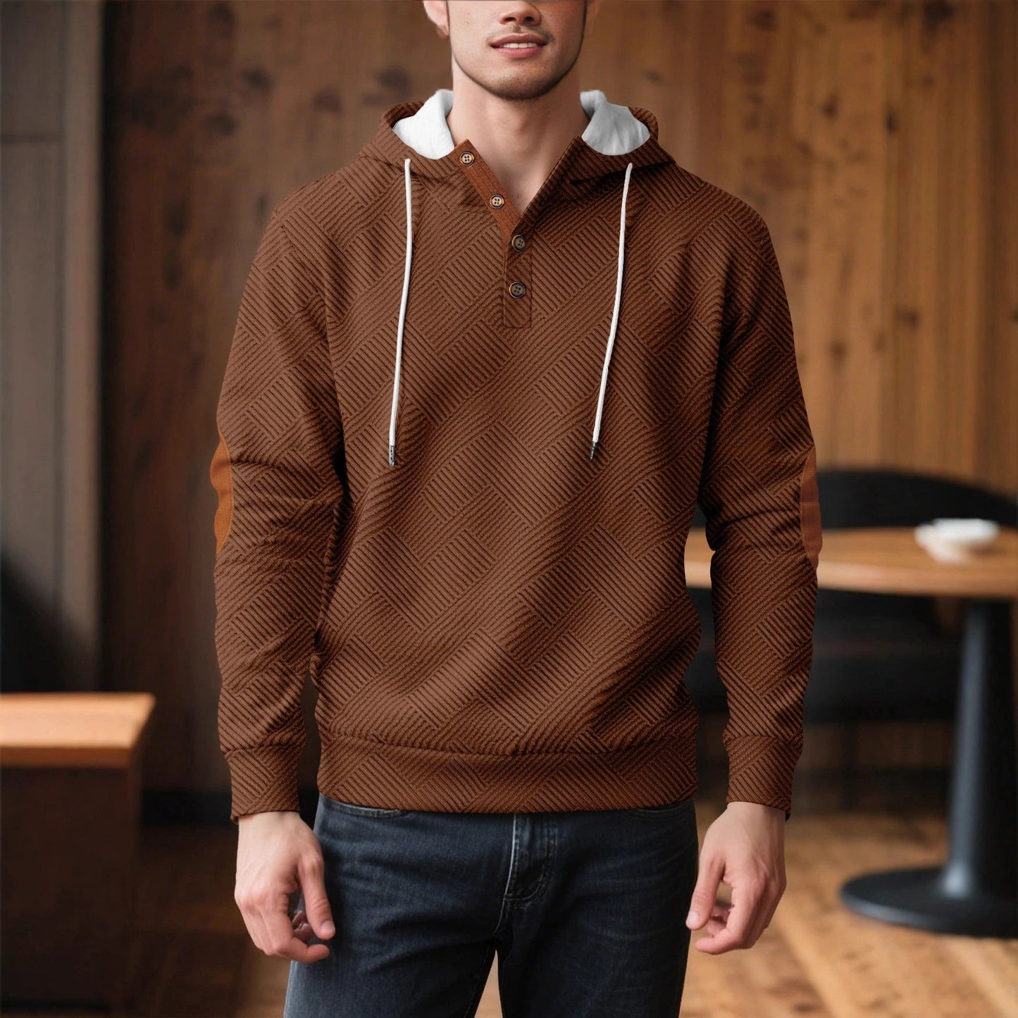 Men's Solid Color Loose Jacquard Hooded Sweater by GJG Denim