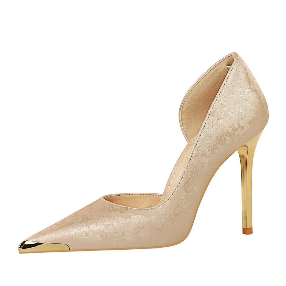 Satin Metal Pointed High Heel Thin Heel Shallow Single Shoes by GJG Denim