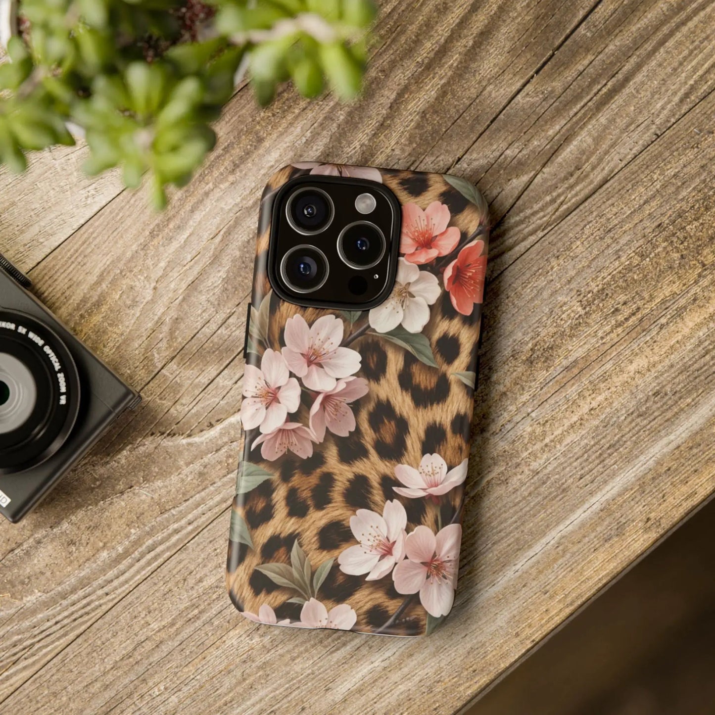Leopard Floral Tough Case — Protective Phone Case with Pink Cherry Blossoms by Printify