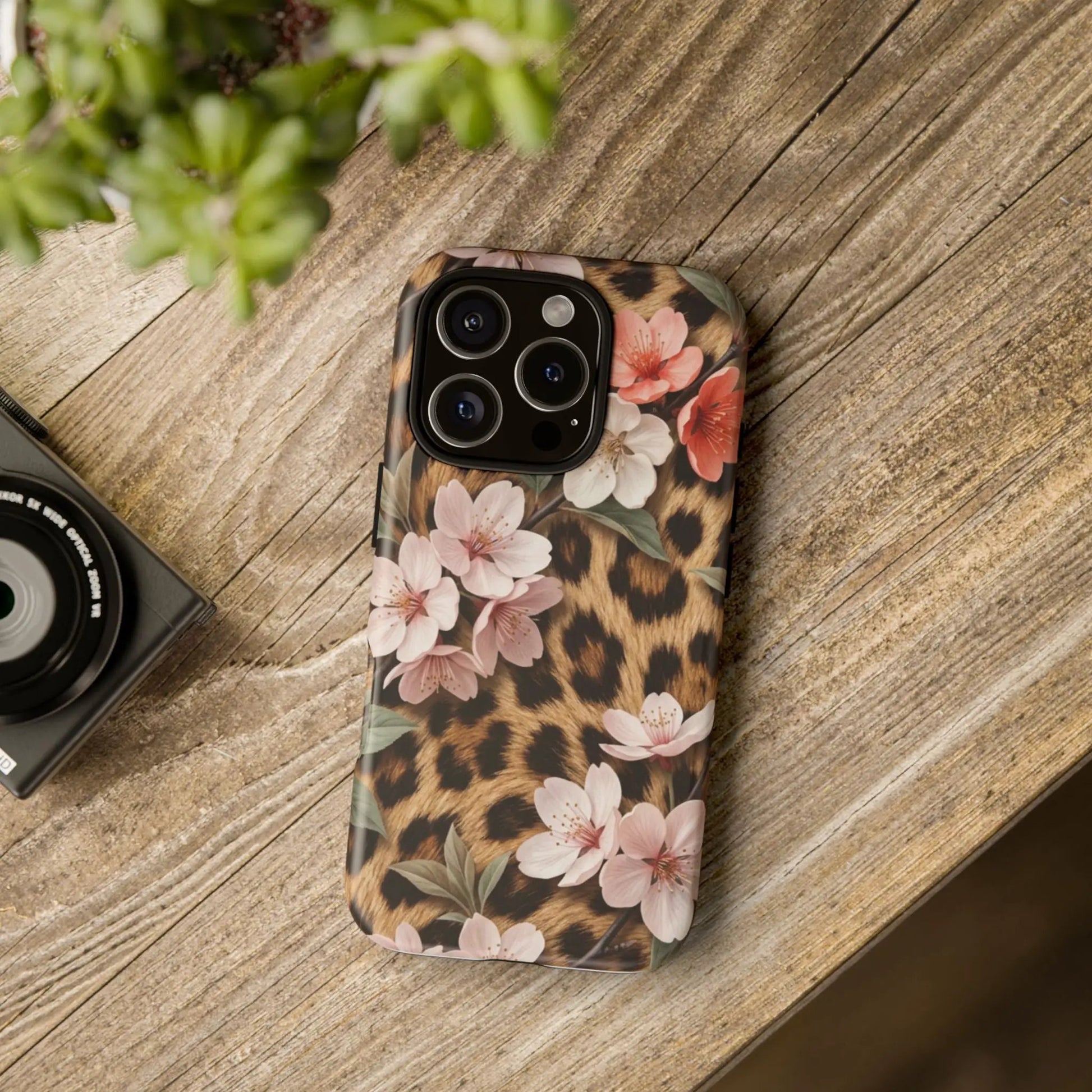 Leopard Floral Tough Case — Protective Phone Case with Pink Cherry Blossoms by Printify