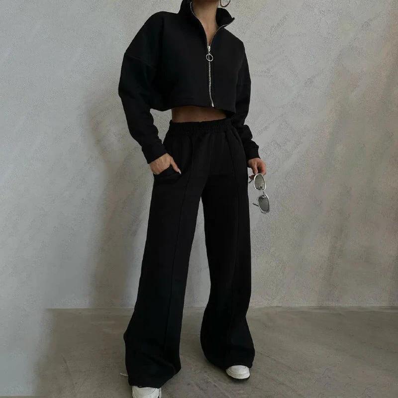 Women's Solid Color Round Neck Pullover Long Sleeve Sweater Trousers Suit by GJG Denim