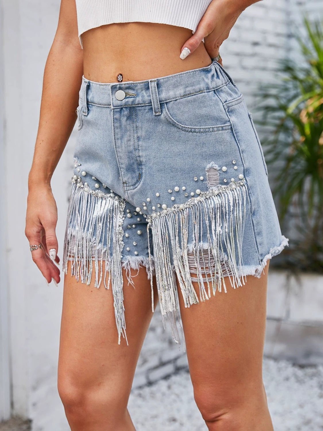 Distressed Pearl Trim Denim Shorts with Pockets by Lady Ros