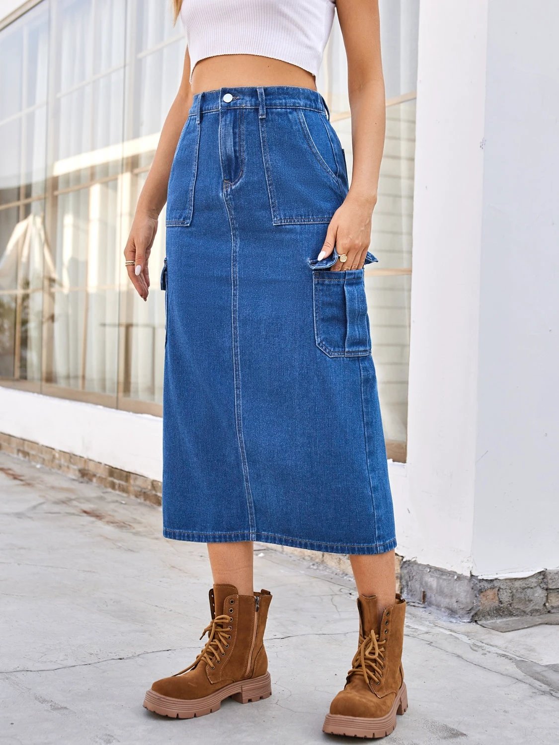 Slit Midi Denim Skirt with Pockets by Lady Ros