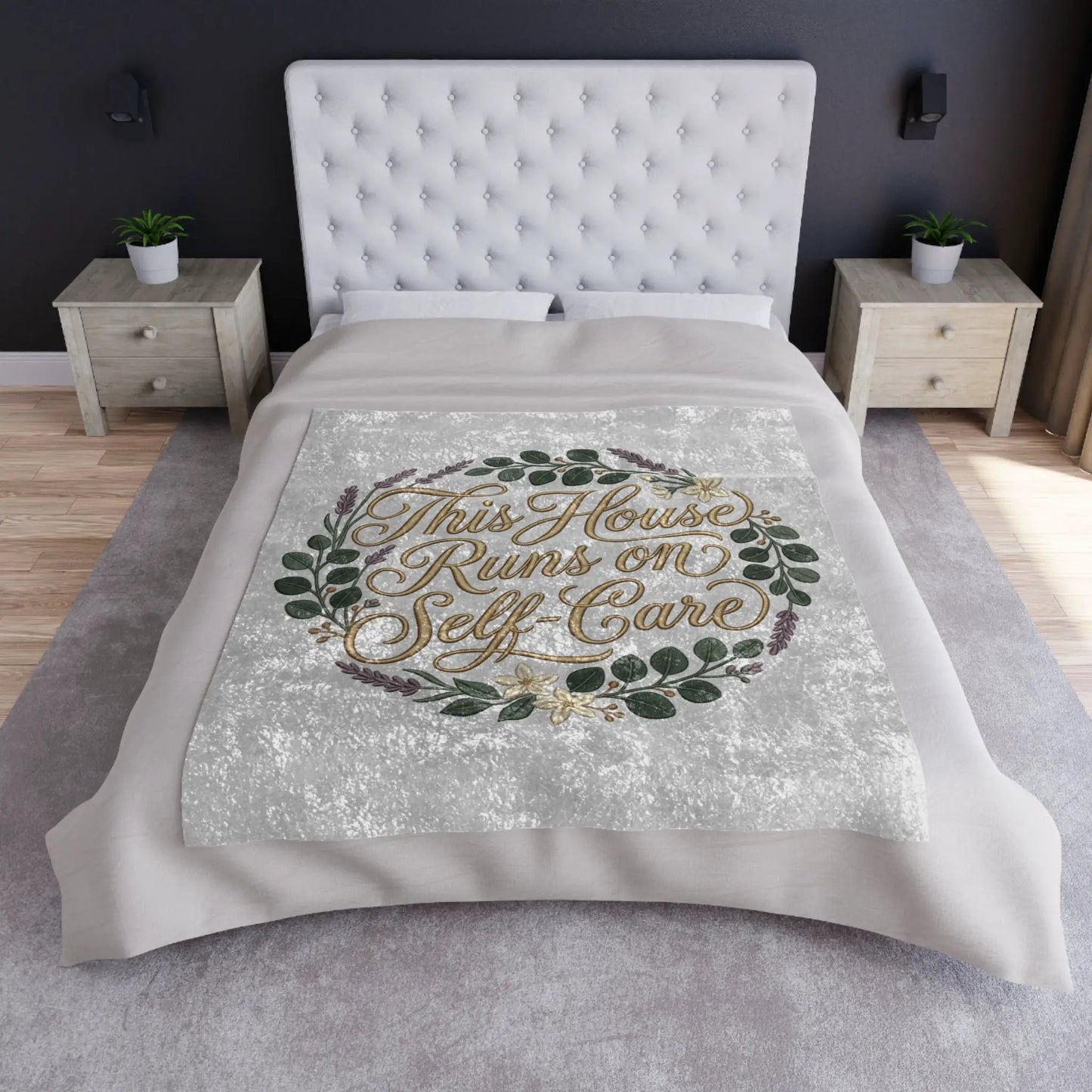 Crushed Velvet Blanket - "This House Runs on Self-Care" Wreath Throw by Printify