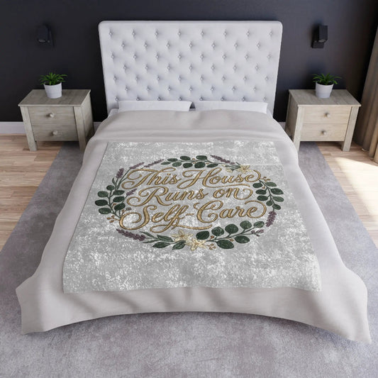 Crushed Velvet Blanket - "This House Runs on Self-Care" Wreath Throw by Printify