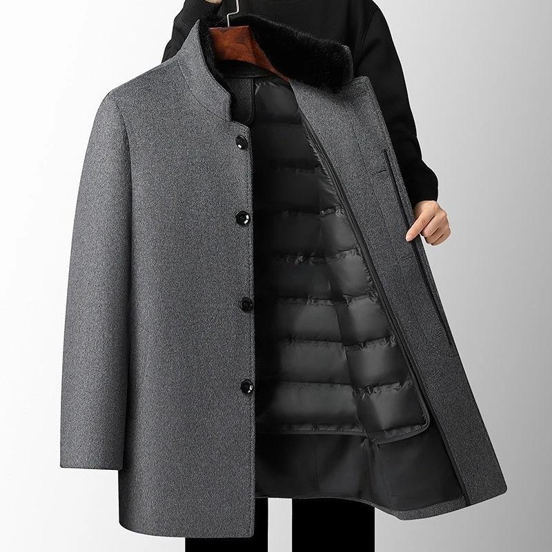 Men's Wool Overcoat Mid-length Thickening Detachable Down Feather Liner by GJG Denim