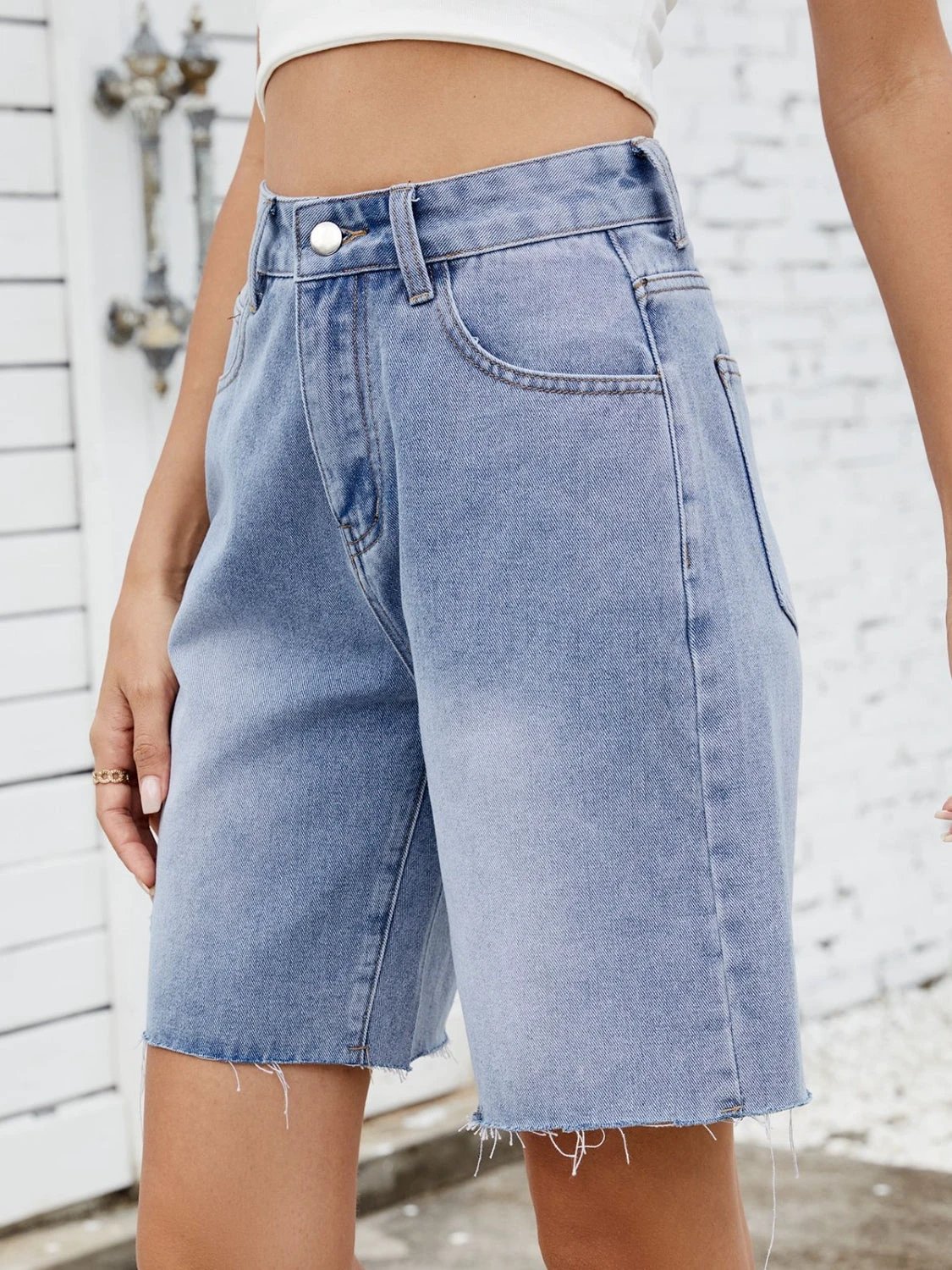 Washed Raw Hem Denim Shorts by Lady Ros