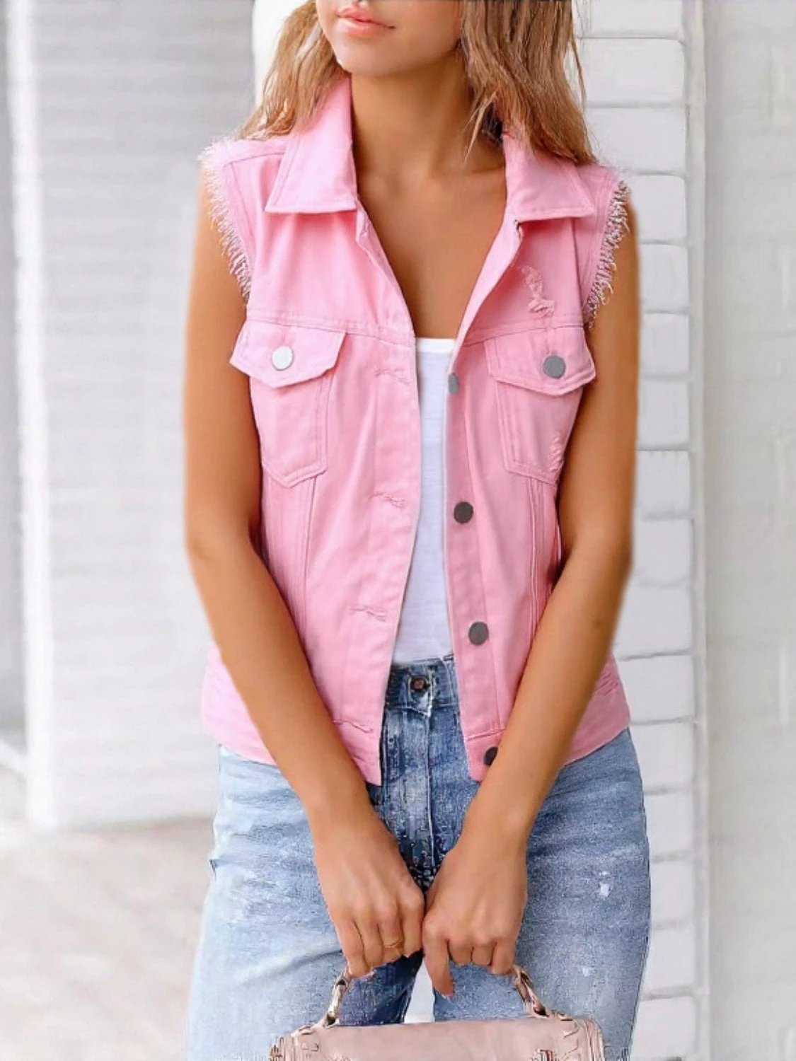 Full Size Button Down Raw Hem Sleeveless Denim Jacket Plus Size by Lady Ros
