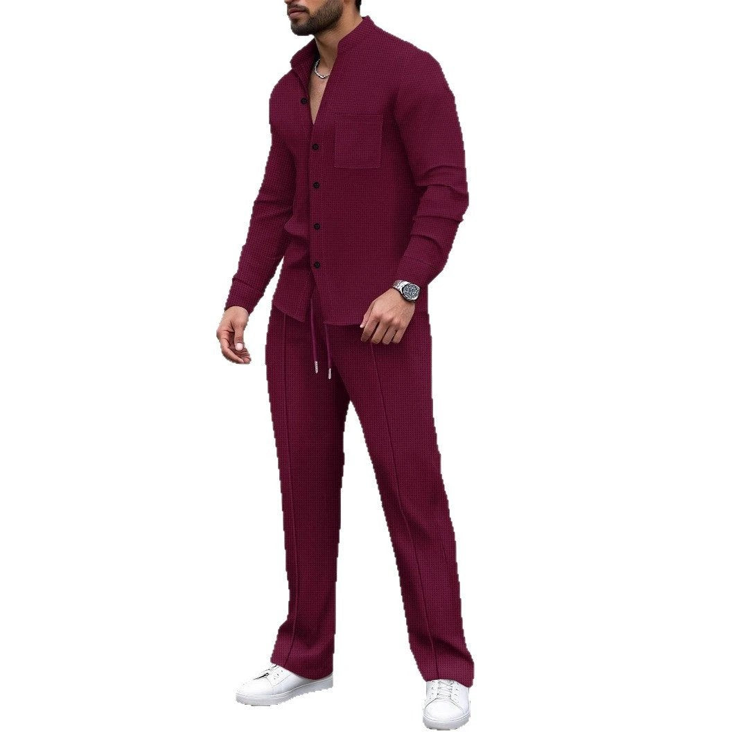 Waffle-textured Solid-color Stand-collar Shirt And Long-sleeve Pants Casual Set For Men by GJG Denim