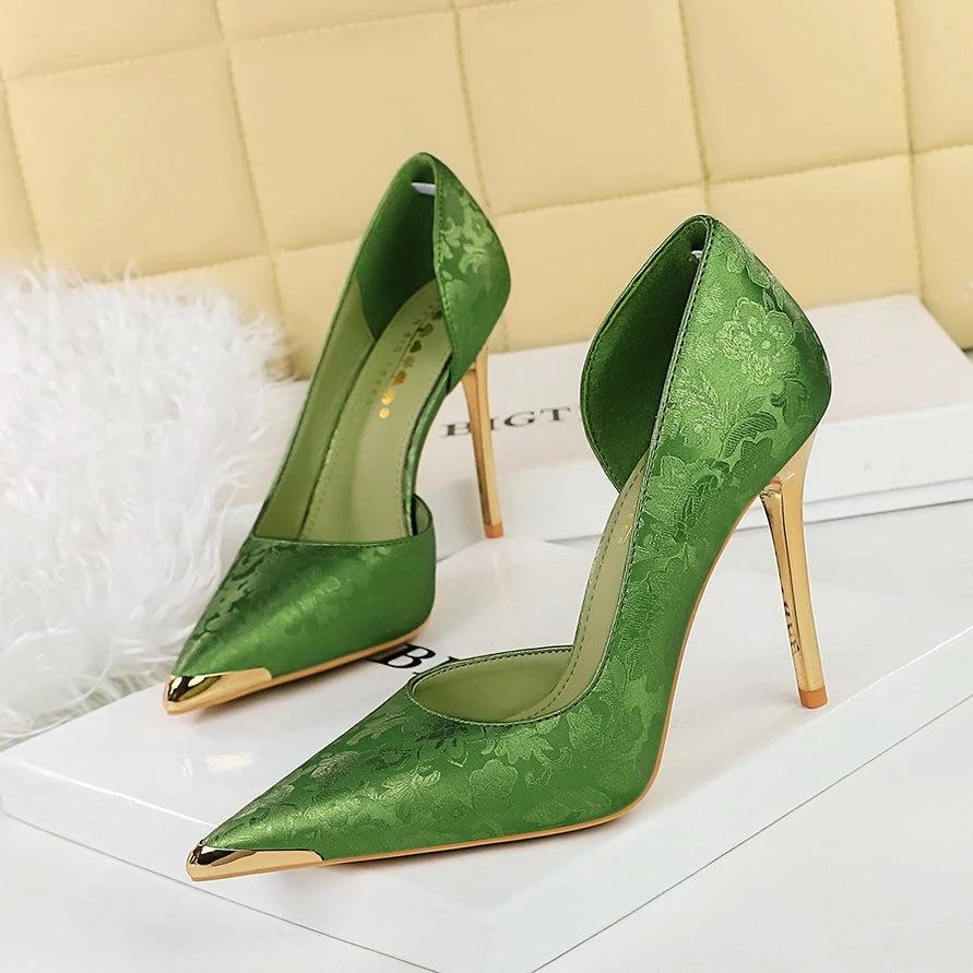 Satin Metal Pointed High Heel Thin Heel Shallow Single Shoes by GJG Denim