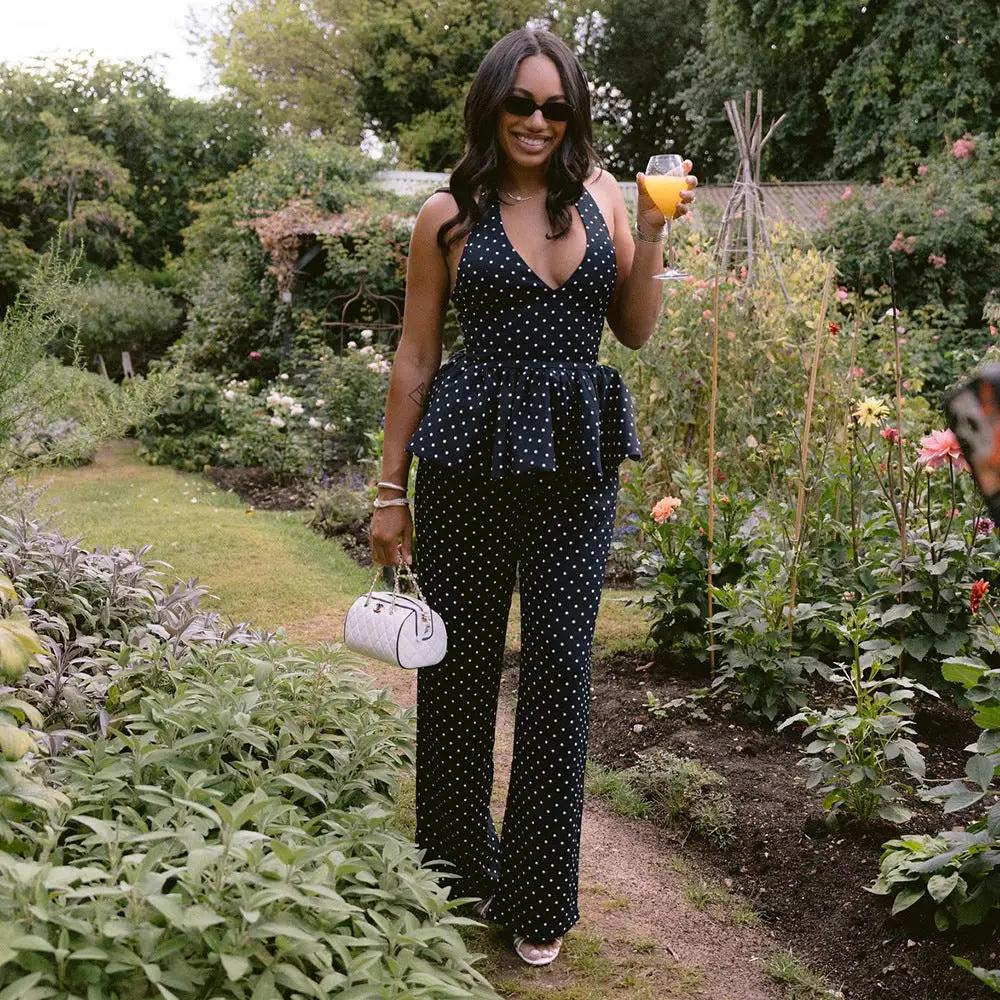 Polka-dot Print Elegant Halterneck Jumpsuit With Wide-leg Pants Set by GJG Denim