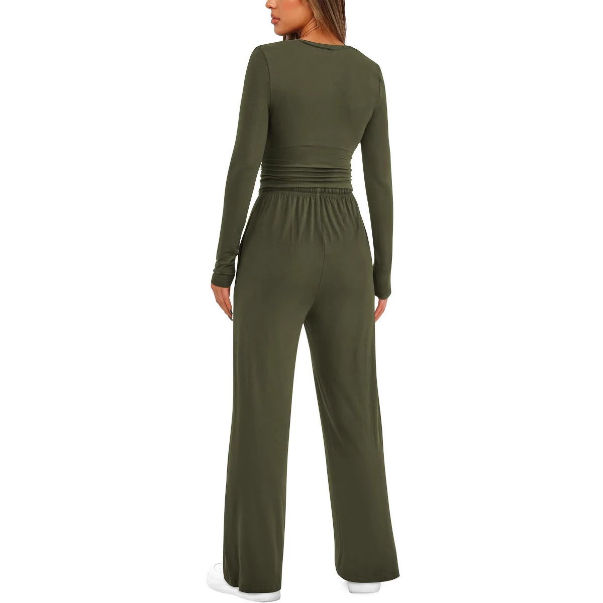 2 Pieces Women's Suit Autumn Winte Long Sleeve Tops High Waisted Wide Leg Pants Sportswear Female Clothes Solid Color Casual Suit by GJG Denim