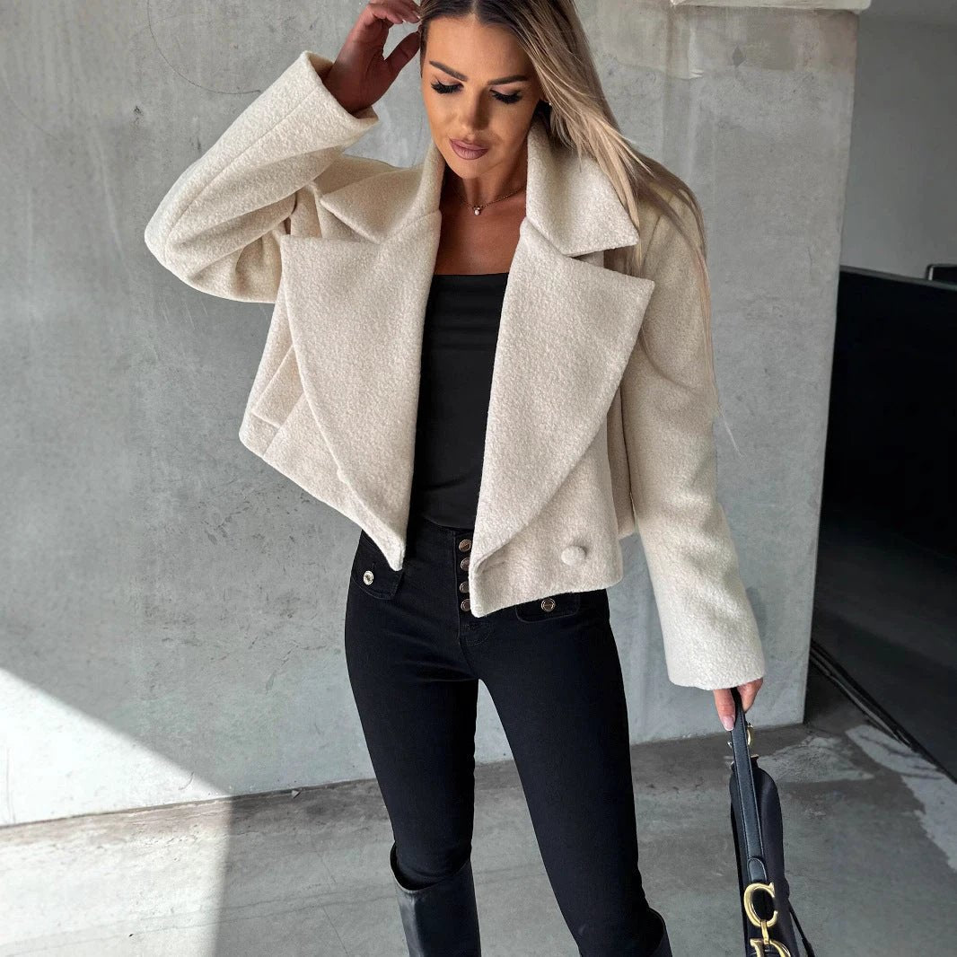 Trendy Woolen Cropped Oversized Coat With A Stand-up Collar In A Solid Color by GJG Denim