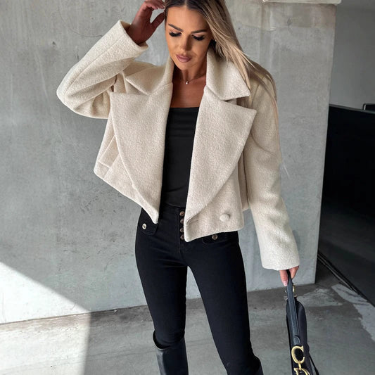 Trendy Woolen Cropped Oversized Coat With A Stand-up Collar In A Solid Color by GJG Denim