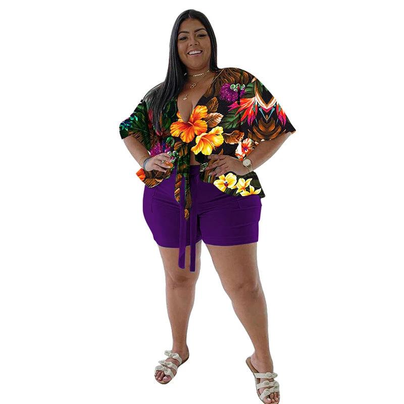 Women's Plus-Size Casual T-Shirt And Shorts Set With Print by GJG Denim