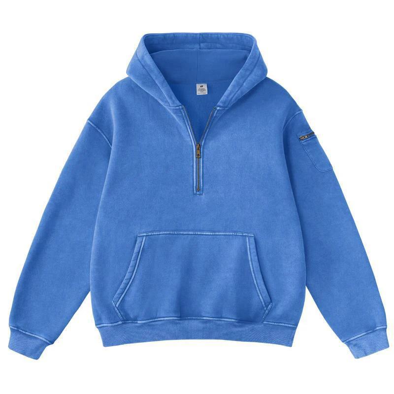 Men's Solid-Color Zip-Up Casual Loose Long-Sleeve Hoodie by GJG Denim