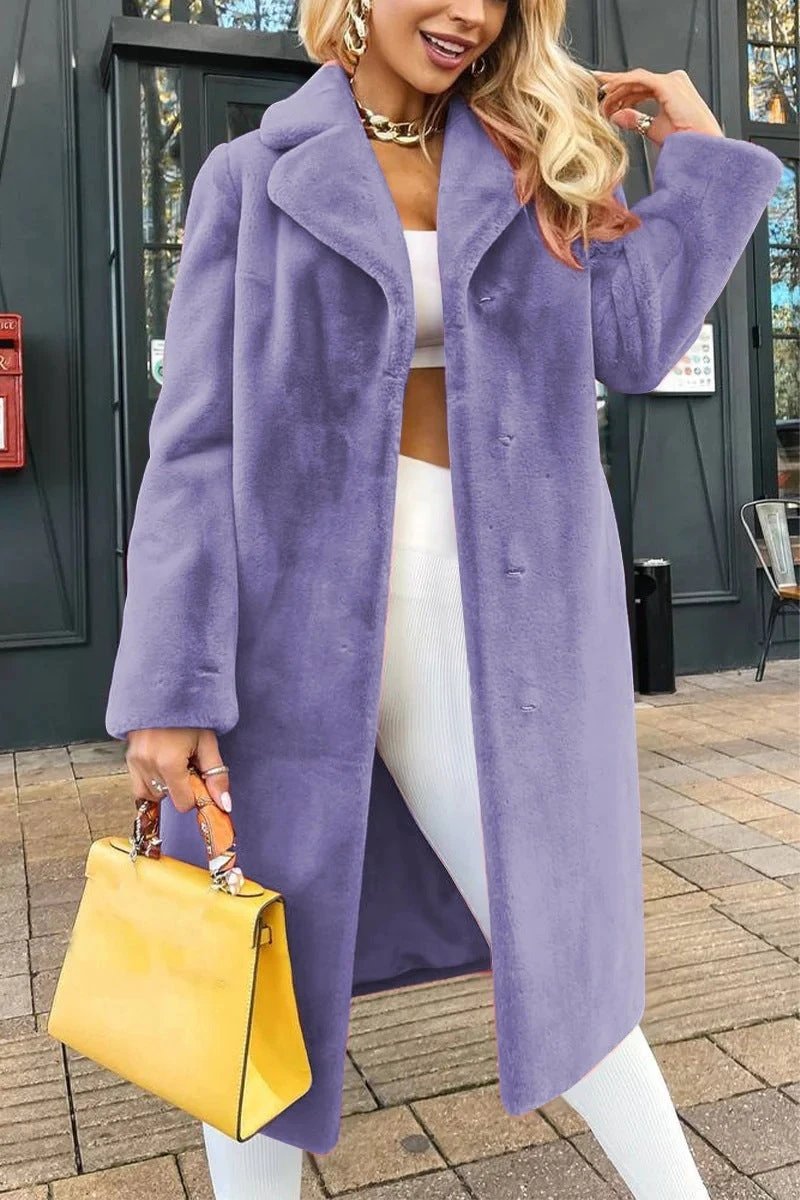 Women's Fashionable Elegant Lace-up Turn-down Collar Plush Long Coat by GJG Denim