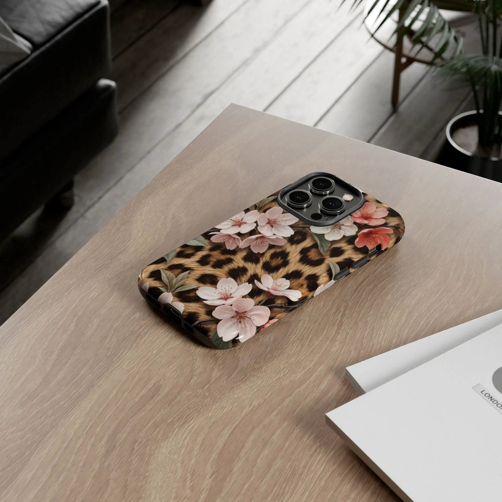 Leopard Floral Tough Case — Protective Phone Case with Pink Cherry Blossoms by Printify