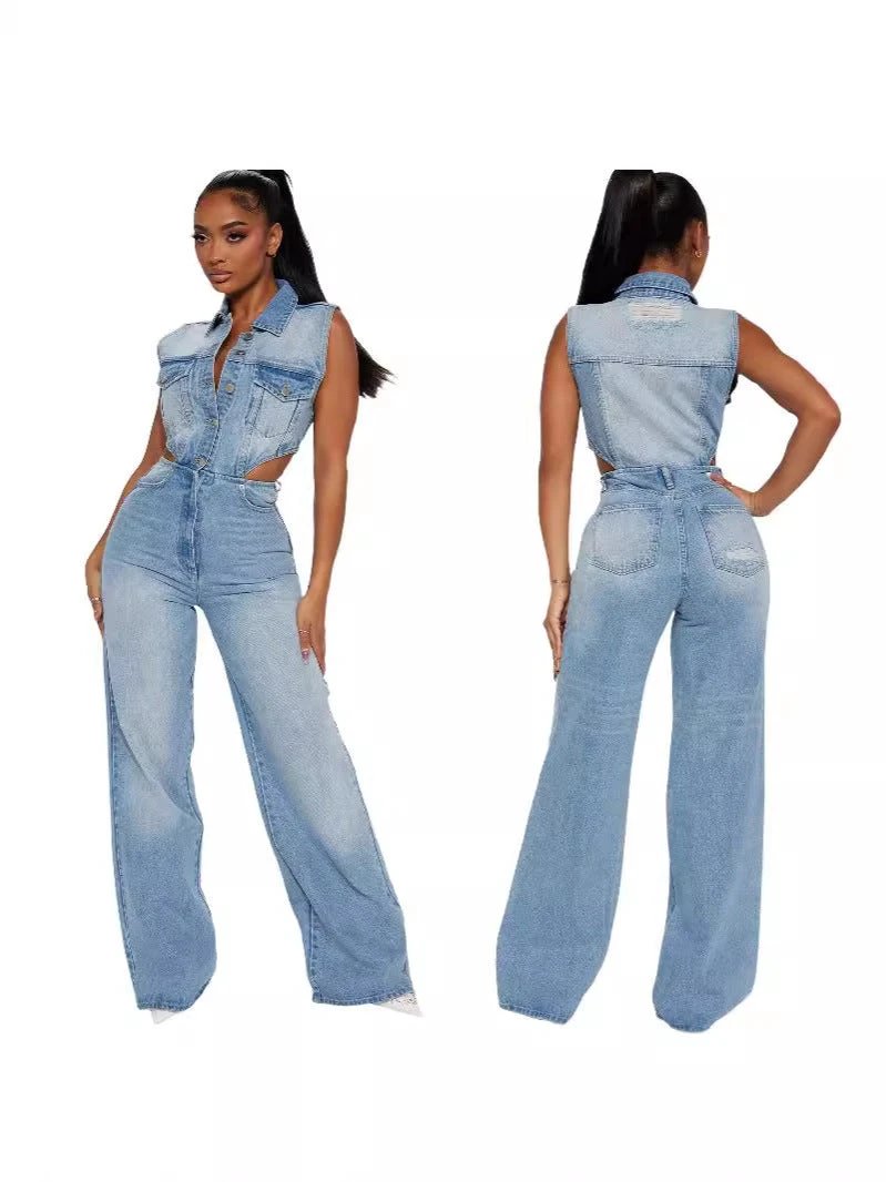 Denim Straight Leg Jumpsuit by GJG Denim