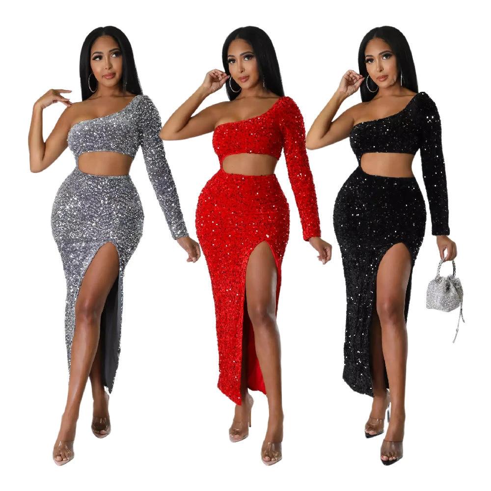 One-shoulder Fashionable Sequins Sexy Navel Split Hip Women's Clothing Dress by GJG Denim