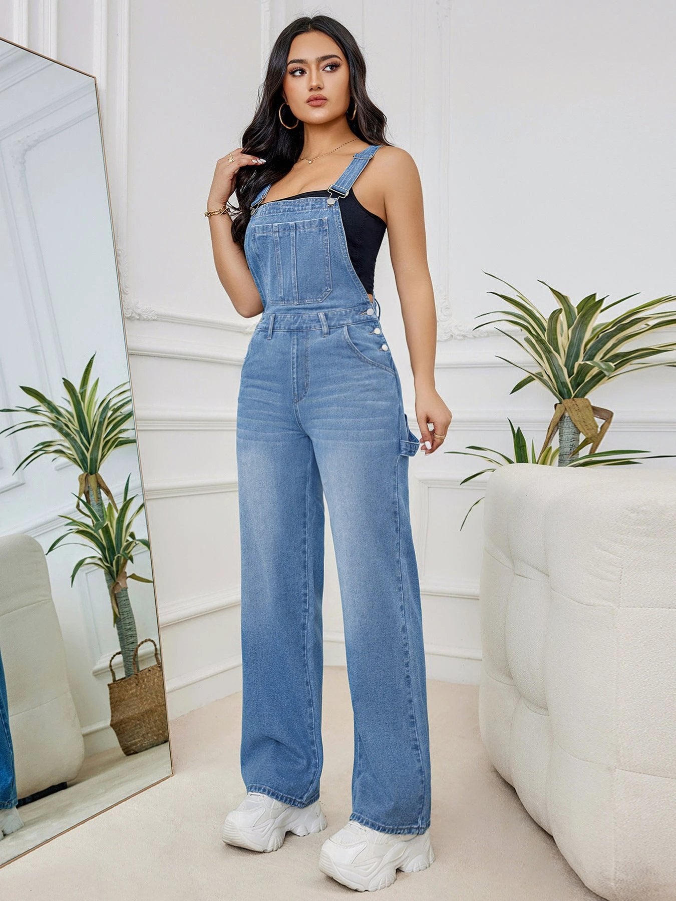 Women's Washed Denim Suspender Pants by GJG Denim