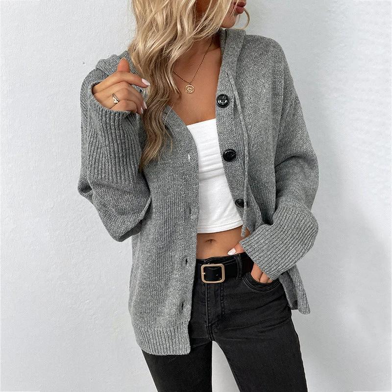 Single-breasted Hooded Sweater Women's Solid Color Cardigan Coat Clothing by GJG Denim