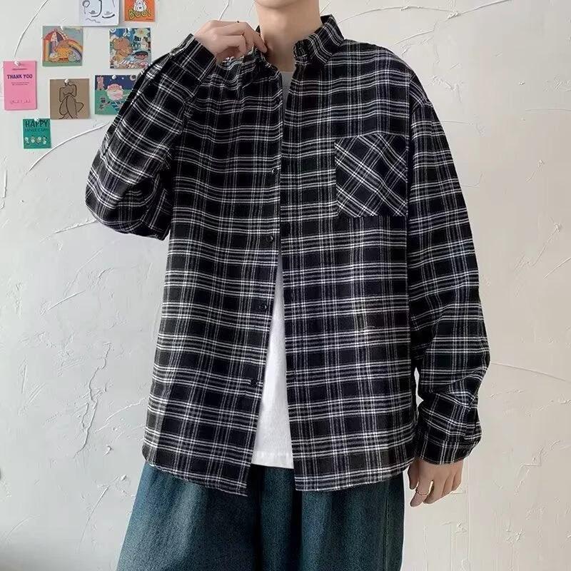 Men's Loose And Casual Black Plaid Long Sleeve Shirt by GJG Denim