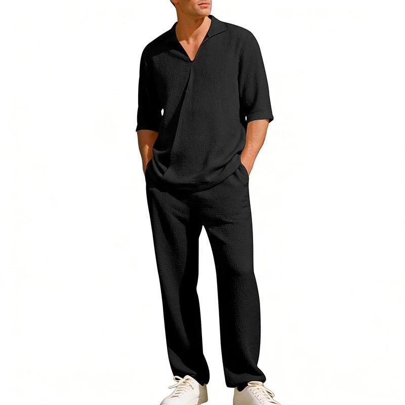 Men's Lapel Short Sleeve Shirt And Pants Suit by GJG Denim