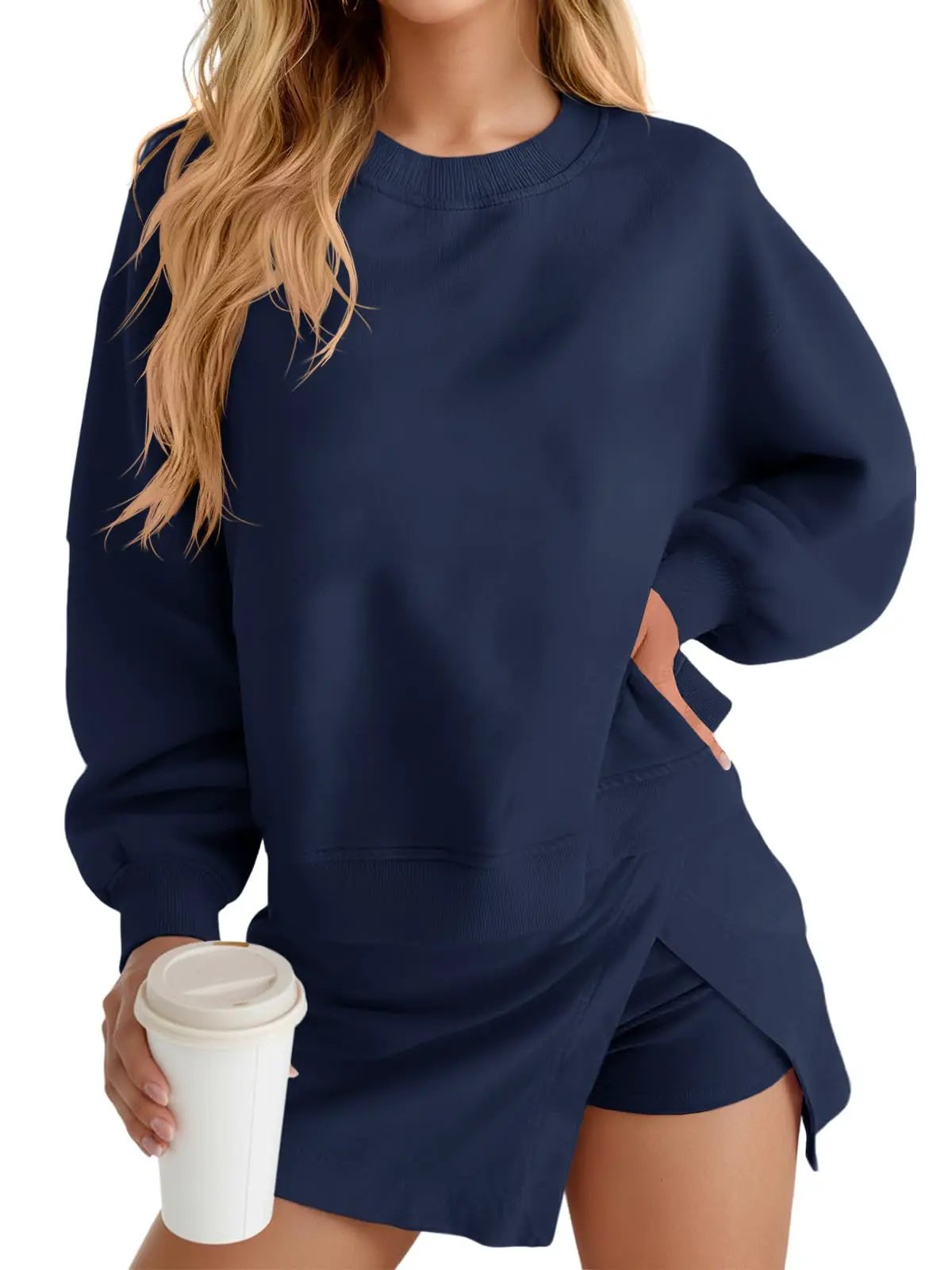 Fisoew 2 Piece Sets For Women Cotton Workout Sets Sweatshirt Top High Waisted Lined Split Athletic Skirt Set by GJG Denim