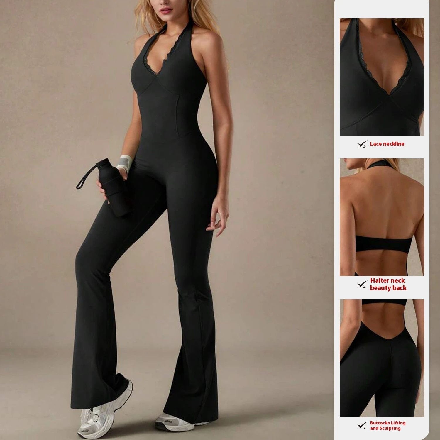 Lace Neckline Yoga Clothes Trousers Running Sports Neck-hanging Jumpsuit by GJG Denim