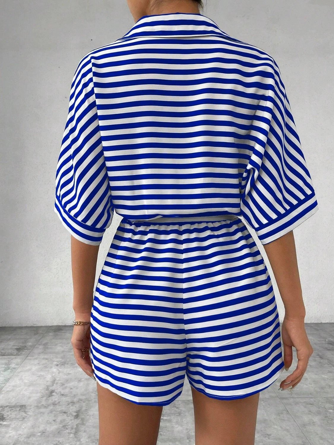 Tie Waist Half Button Striped Romper by VYSN