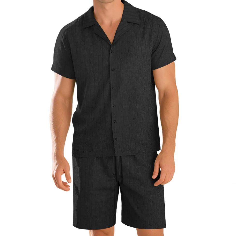 Men's Casual Button-Down Short-Sleeve Shirt And Shorts Set by GJG Denim